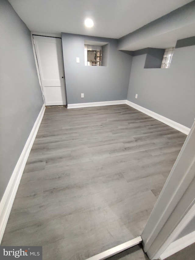 basement with wood-type flooring