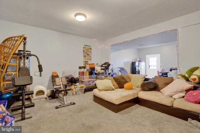 living room featuring water heater and carpet