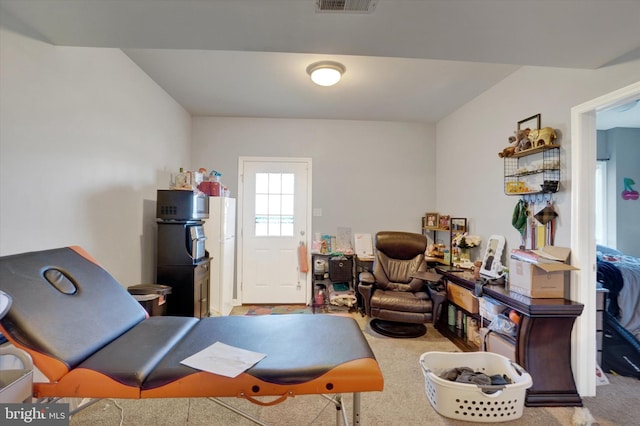 living area featuring carpet