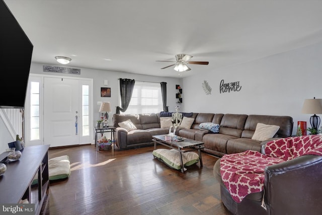 living room featuring ceiling fan and dark wood-type flooring