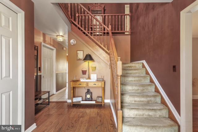 stairs with hardwood / wood-style floors