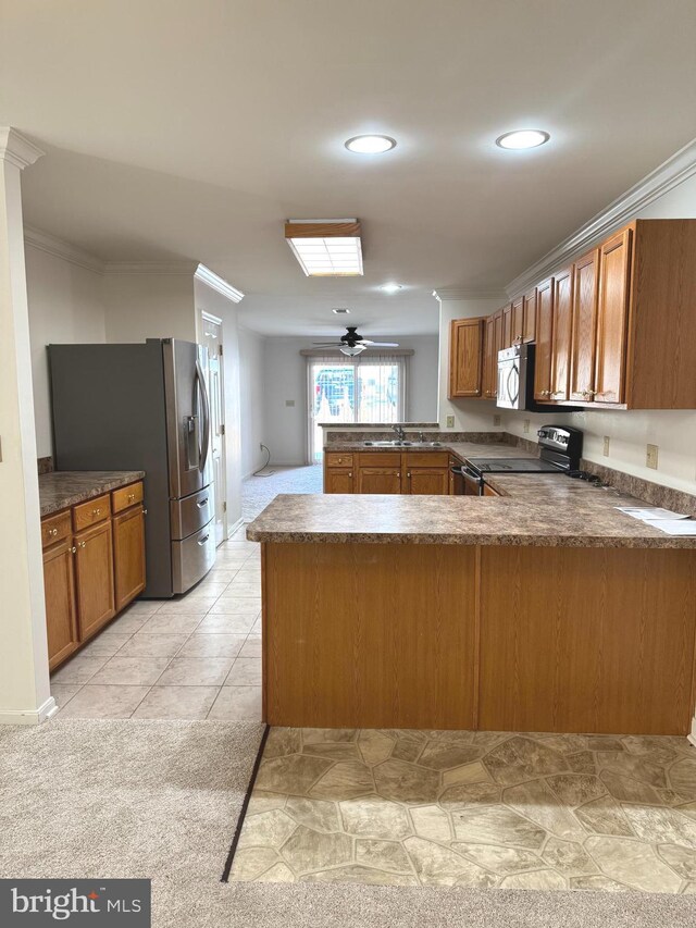 357 Winners Cir, Red Lion, PA 17356 - kitchen featuring appliances with stainless steel finishes, a peninsula, ceiling fan, crown molding, and a sink