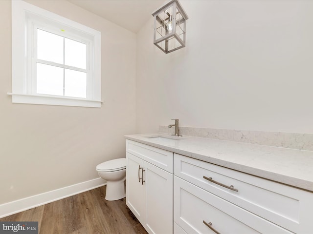 bathroom with hardwood / wood-style floors, vanity, and toilet