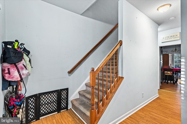 staircase with hardwood / wood-style floors