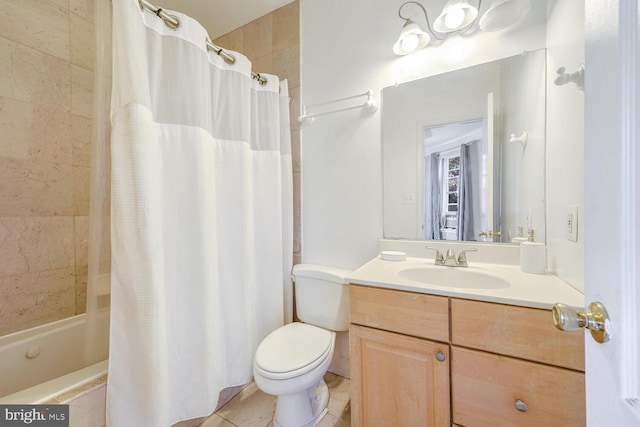 full bathroom featuring tile patterned floors, vanity, shower / bath combo, and toilet