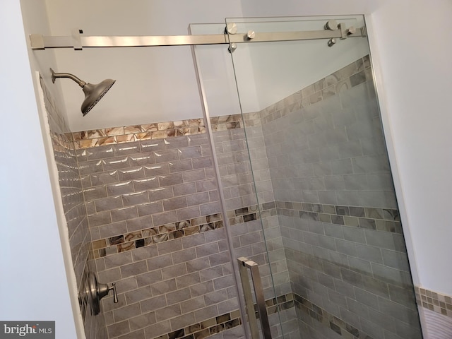 bathroom featuring a shower with shower door