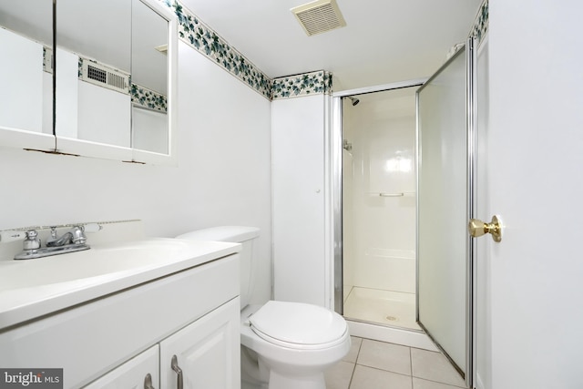 bathroom with tile patterned flooring, vanity, toilet, and a shower with shower door