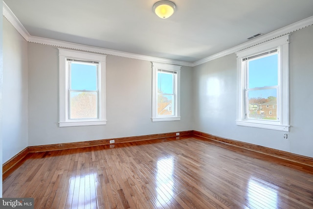 spare room featuring plenty of natural light, ornamental molding, and light hardwood / wood-style flooring