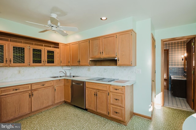 kitchen featuring black electric cooktop, stainless steel dishwasher, sink, and ceiling fan