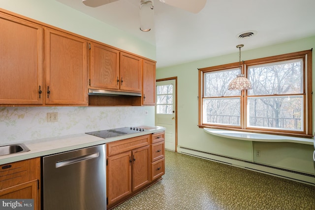 kitchen featuring baseboard heating, a wealth of natural light, stainless steel dishwasher, and decorative light fixtures