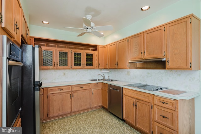 kitchen with appliances with stainless steel finishes, sink, and ceiling fan