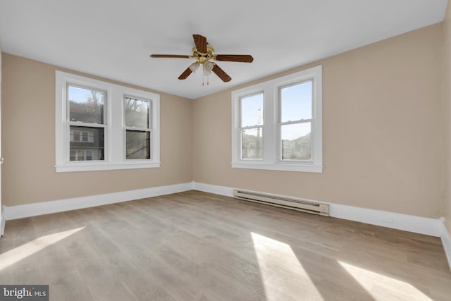 empty room featuring a baseboard radiator, ceiling fan, and light hardwood / wood-style floors