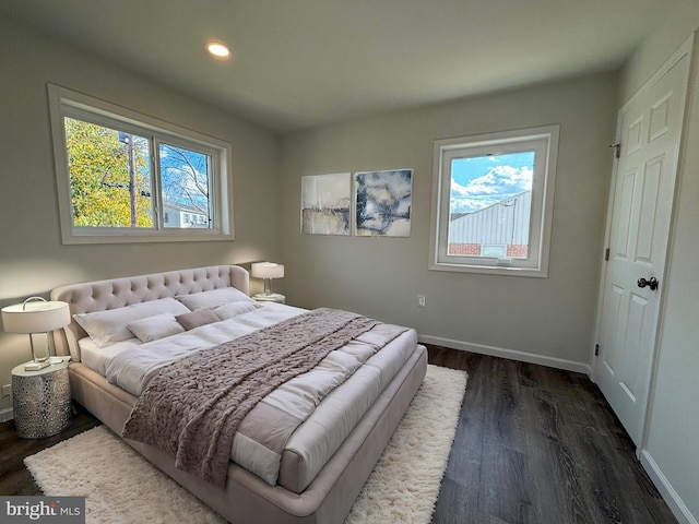 bedroom with dark hardwood / wood-style floors