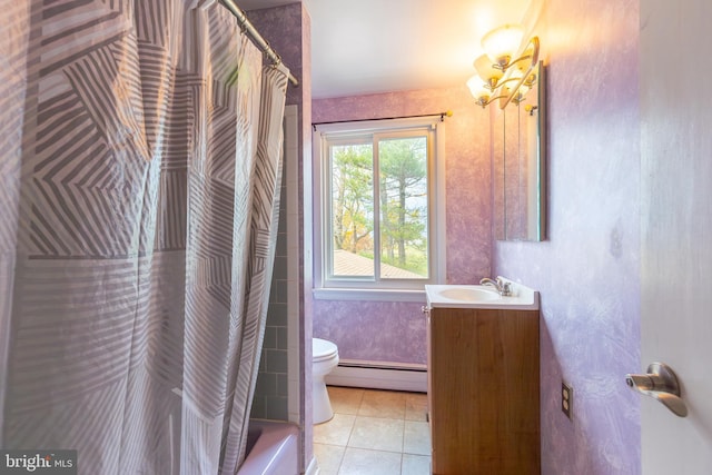 full bathroom featuring vanity, shower / tub combo with curtain, baseboard heating, tile patterned flooring, and toilet