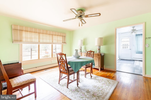 dining room featuring ceiling fan, light hardwood / wood-style floors, and baseboard heating