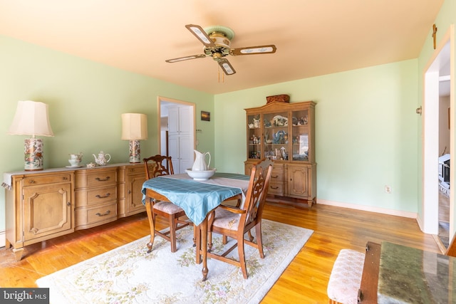 dining space featuring ceiling fan and light wood-type flooring