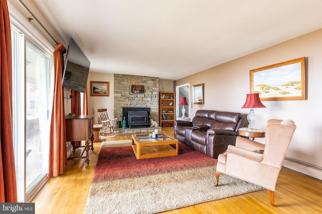 living room featuring a wood stove and light hardwood / wood-style flooring