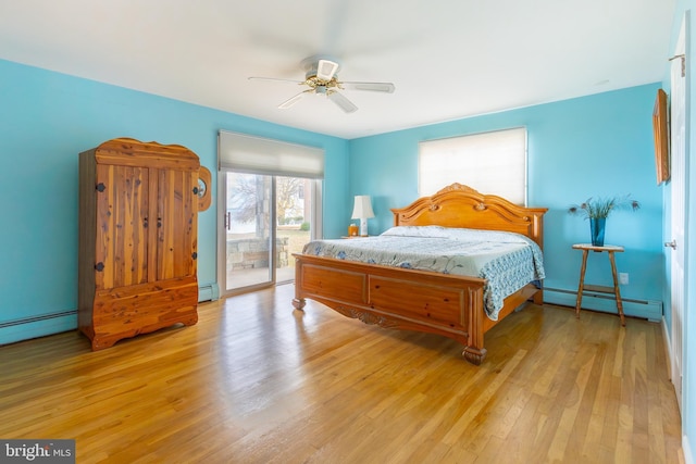 bedroom featuring light wood-type flooring, access to outside, ceiling fan, and a baseboard heating unit