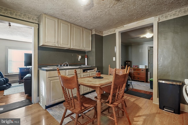 dining area featuring sink, light wood-type flooring, and a textured ceiling