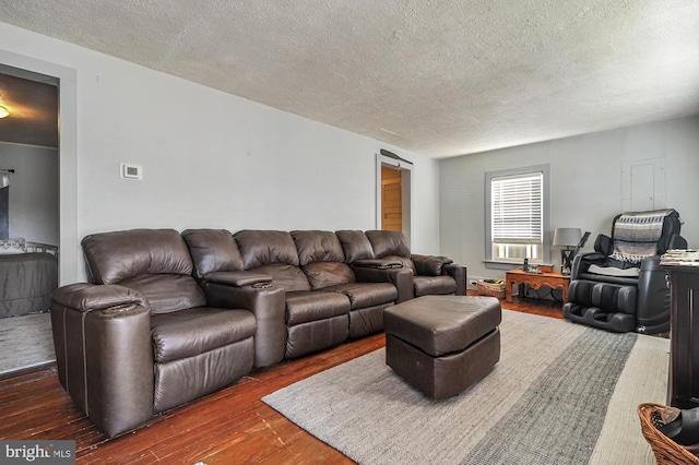 living room with a textured ceiling and dark hardwood / wood-style floors