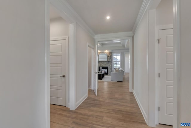 corridor with crown molding and light hardwood / wood-style flooring