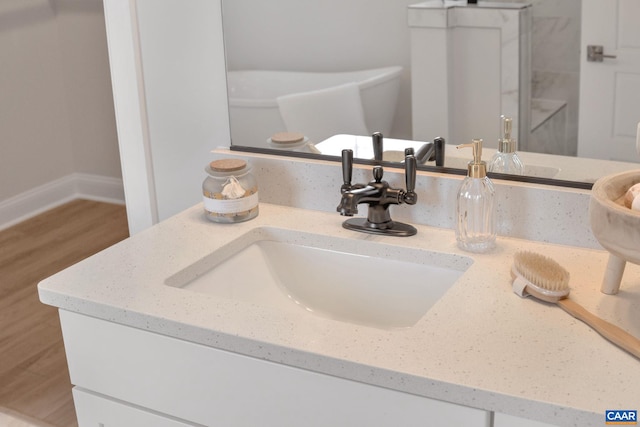 interior details featuring wood-type flooring and vanity