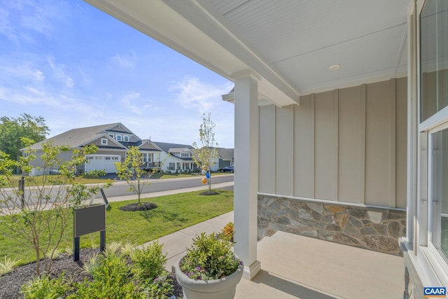 view of patio featuring a garage