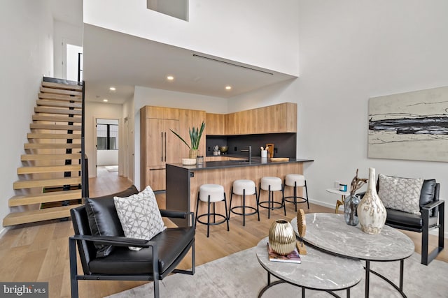 living room featuring sink and light hardwood / wood-style floors