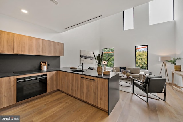 kitchen with sink, a towering ceiling, black appliances, and light hardwood / wood-style floors