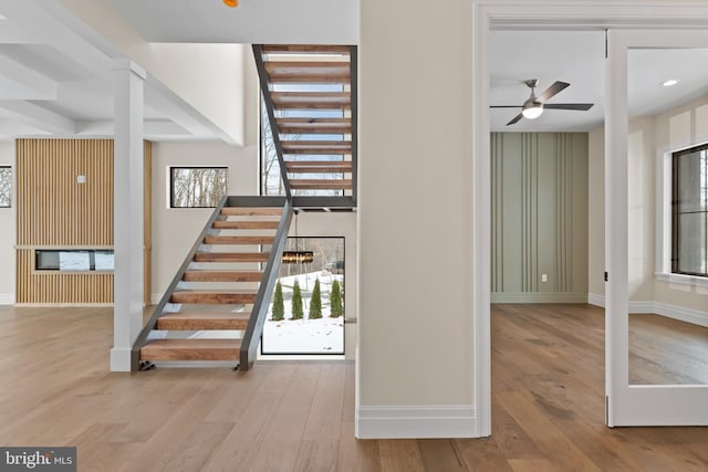 stairs with ceiling fan and hardwood / wood-style floors