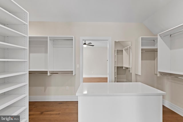 spacious closet with ceiling fan, dark hardwood / wood-style flooring, and lofted ceiling