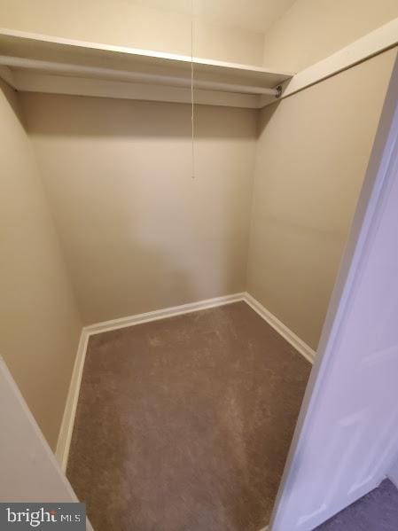 walk in closet featuring dark carpet