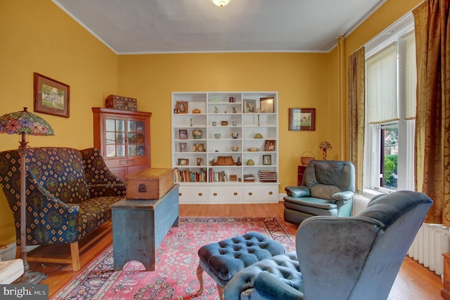 144 W Main St, Waynesboro, PA 17268 - living area with crown molding, wood finished floors, and radiator heating unit