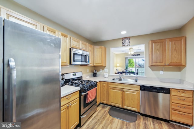 kitchen featuring ceiling fan, sink, stainless steel appliances, and light wood-type flooring