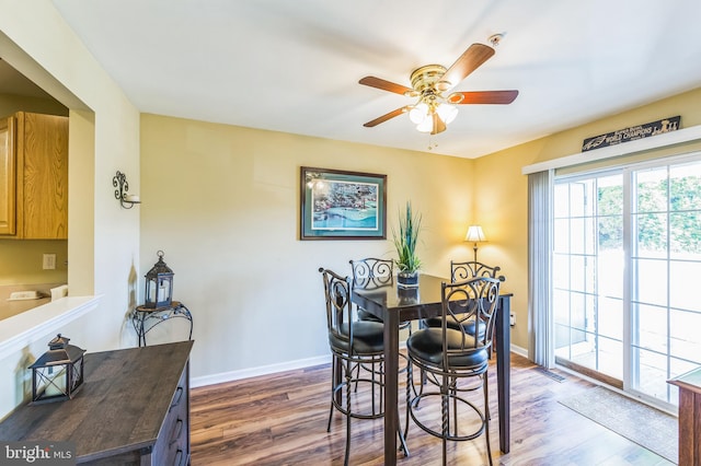 dining space featuring ceiling fan and dark wood-type flooring