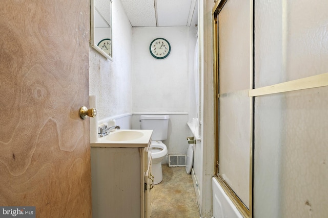 full bathroom with shower / bath combination with glass door, vanity, and toilet