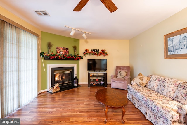 living room with hardwood / wood-style floors, ceiling fan, and rail lighting