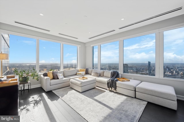 living room with dark hardwood / wood-style floors