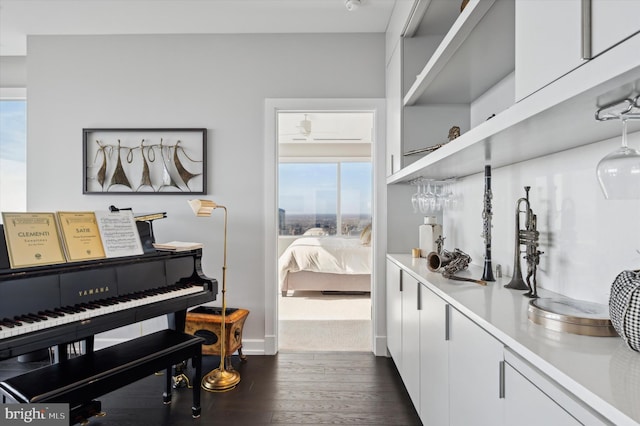 bar with white cabinets and dark hardwood / wood-style flooring