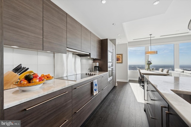 kitchen with stainless steel appliances, a water view, dark hardwood / wood-style floors, decorative light fixtures, and dark brown cabinets