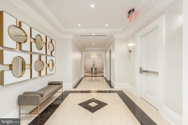 corridor featuring ornamental molding