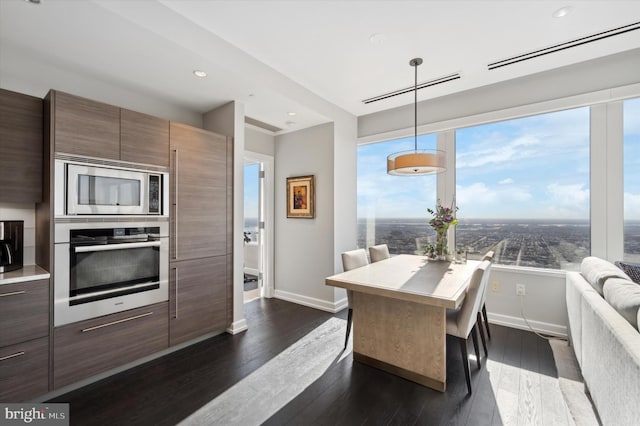 kitchen featuring stainless steel appliances, dark hardwood / wood-style floors, and decorative light fixtures