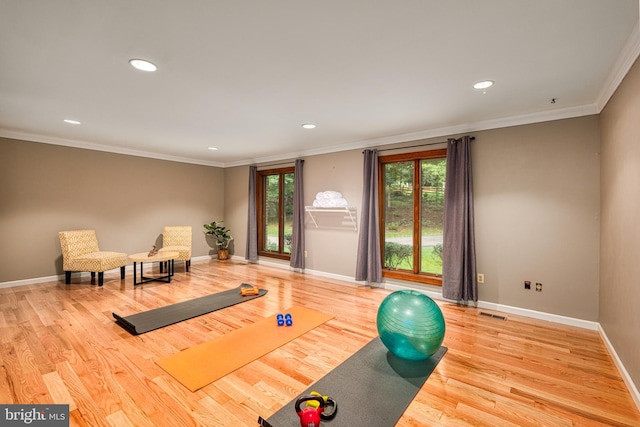 exercise room featuring hardwood / wood-style floors and crown molding