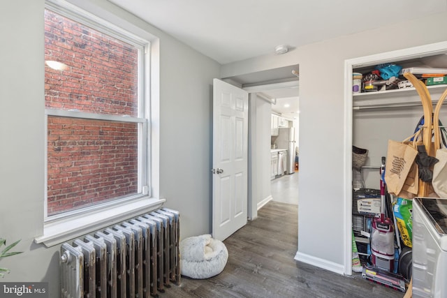 hall with a healthy amount of sunlight, dark hardwood / wood-style flooring, and radiator