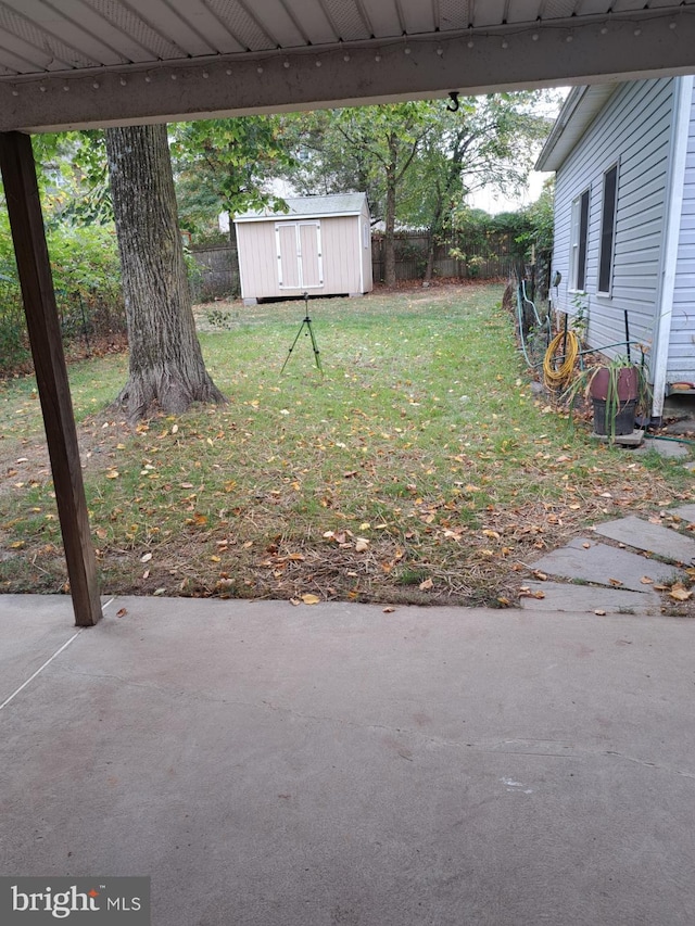 view of yard with a shed and a patio area