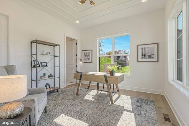 home office with wood finished floors, baseboards, and recessed lighting