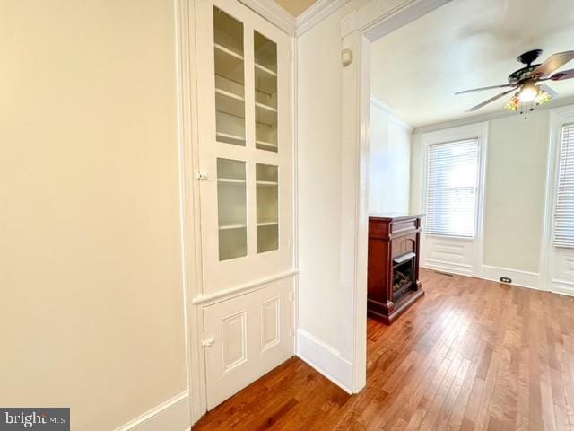 interior space with hardwood / wood-style flooring, ceiling fan, and crown molding