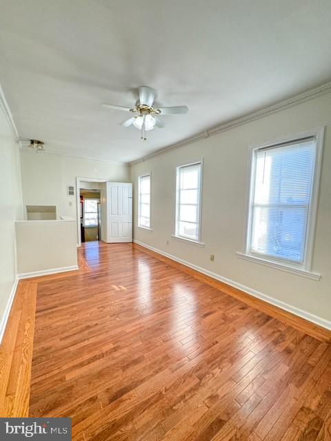 spare room featuring ceiling fan, light hardwood / wood-style flooring, and crown molding