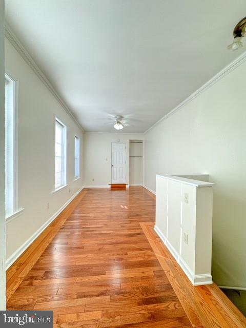 unfurnished room featuring ceiling fan, light hardwood / wood-style flooring, and ornamental molding