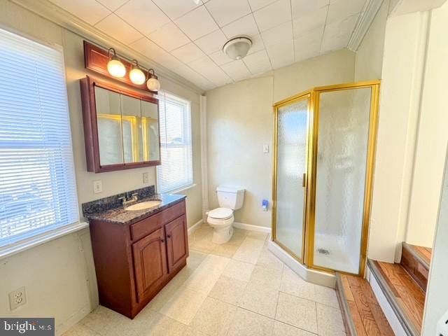 bathroom with walk in shower, vanity, toilet, and crown molding